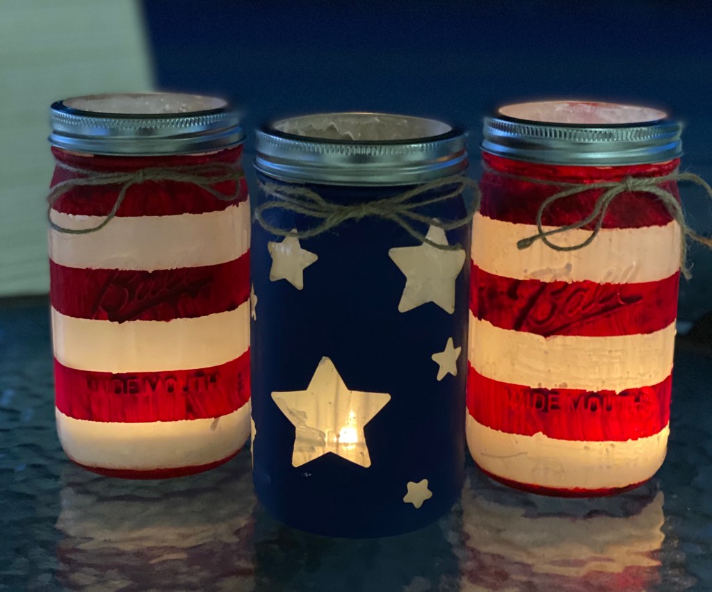 Finished and lit Patriotic Mason Jars